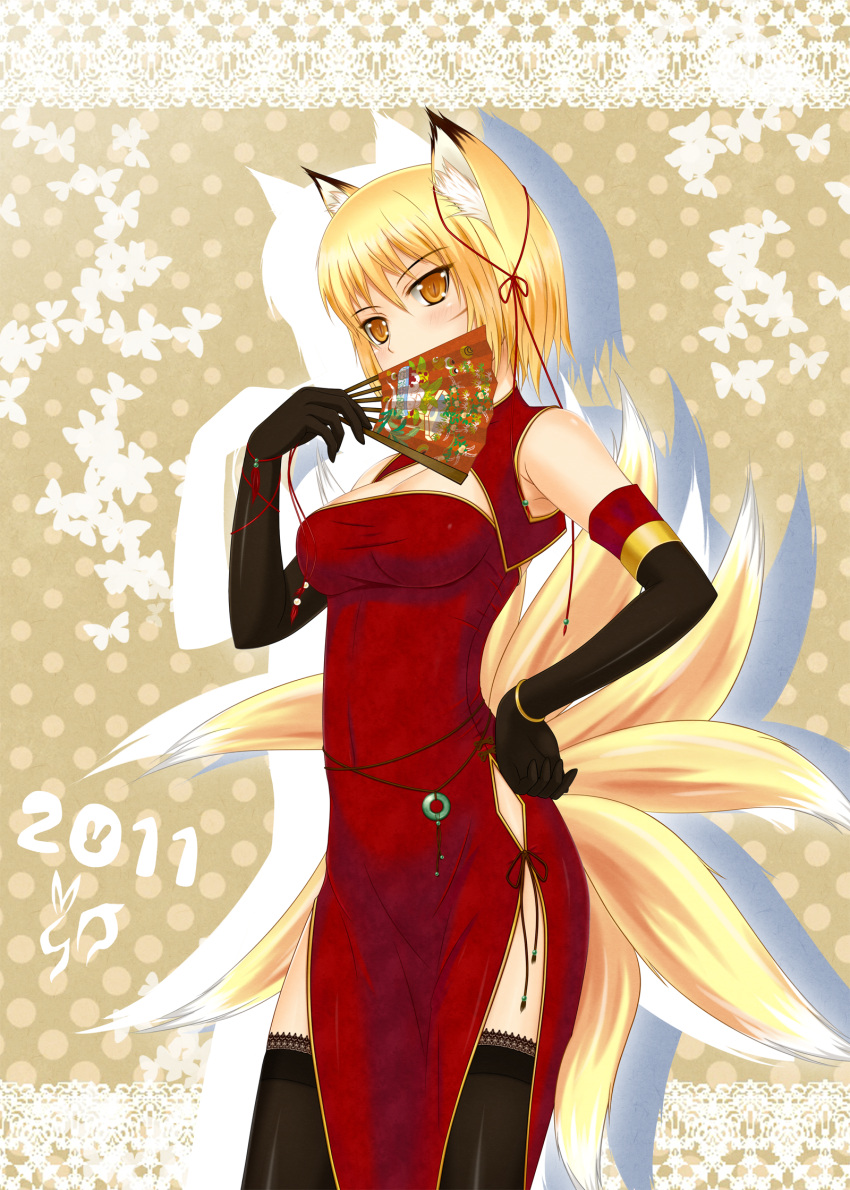 2011 alternate_costume animal_ears bare_shoulders black_gloves black_legwear black_thighhighs blonde_hair breasts brown_eyes china_dress chinadress chinese_clothes cleavage covering_mouth elbow_gloves fan fox_ears fox_tail gloves hand_on_hip highres lace lace-trimmed_thighhighs midnight_(artist) multiple_tails short_hair side_slit slit_pupils solo tail thigh-highs thighhighs touhou yakumo_ran yellow_eyes