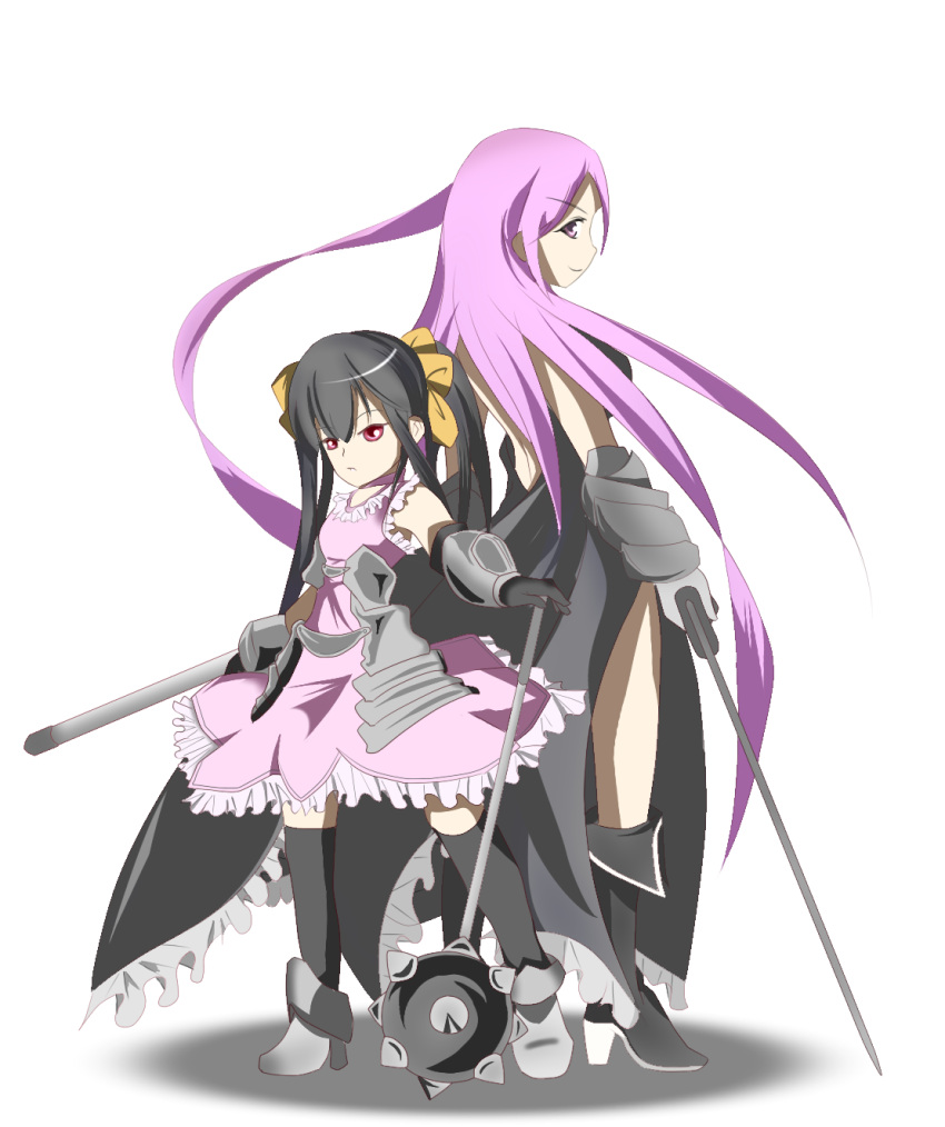 2girls armor black_hair black_legwear black_thighhighs boots bow dress gloves hair_bow highres kooh long_hair lucia mace multiple_girls pangya pink_eyes pink_hair red_eyes sheath spiked_mace sword thigh-highs thighhighs twintails weapon
