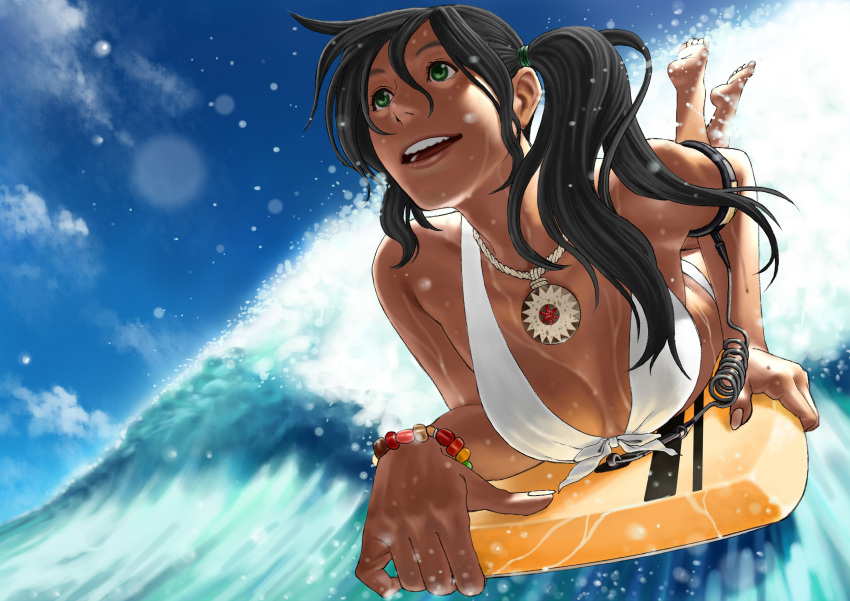 artist_request bikini black_hair bodyboard bracelet breasts cleavage dark_skin face foreshortening front-tie_top green_eyes hands hata_yui highres jewelry necklace nose on_stomach original side_ponytail sky solo surfboard surfing swimsuit water
