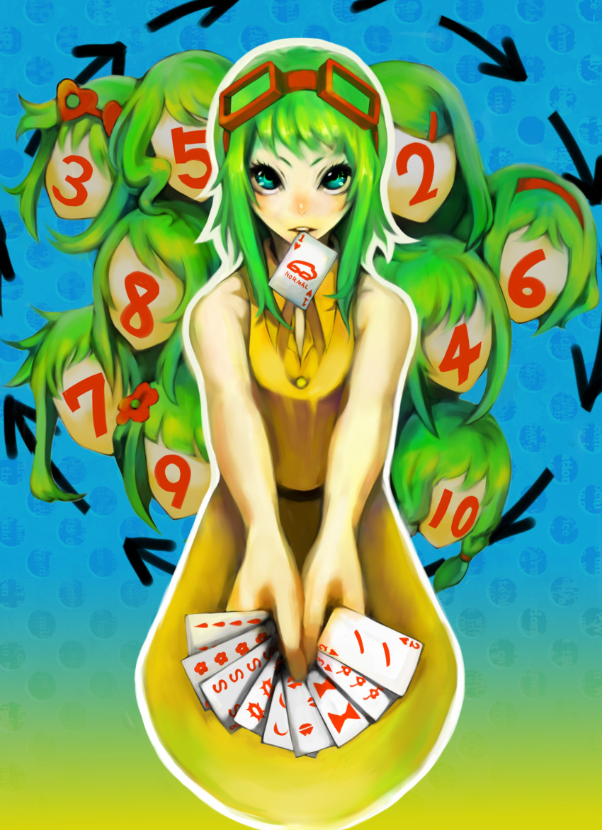 arrow bare_shoulders belt card card_in_mouth dress faceless flower glasses goggles goggles_on_head green_hair gumi hair_ornament hairband hairclip highres holding holding_card juu_mensou_(vocaloid) looking_at_viewer mouth_hold multiple_persona no.734 no_face short_hair standing teeth twin_braids vocaloid