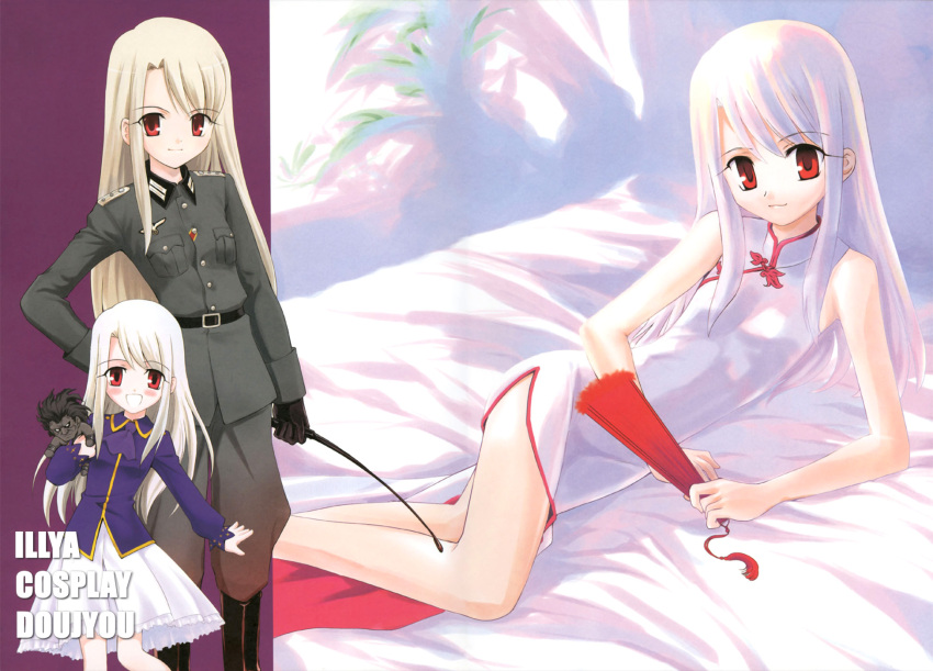china_dress chinese_clothes crazy_clover_club fan fate/stay_night fate_(series) highres illyasviel_von_einzbern long_hair military military_uniform red_eyes riding_crop shirotsumekusa side_slit silver_hair solo uniform