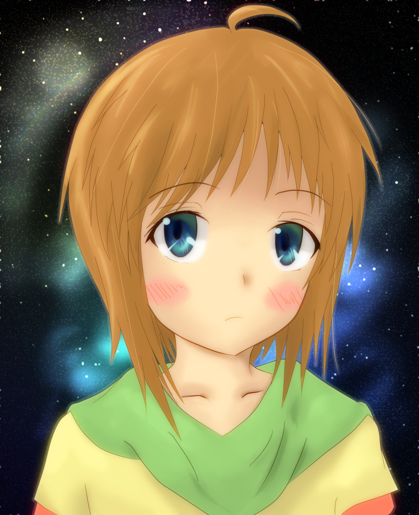 blue_eyes blush child collarbone elpeo_puru gundam gundam_zz highres orange_hair portrait sekai short_hair solo star