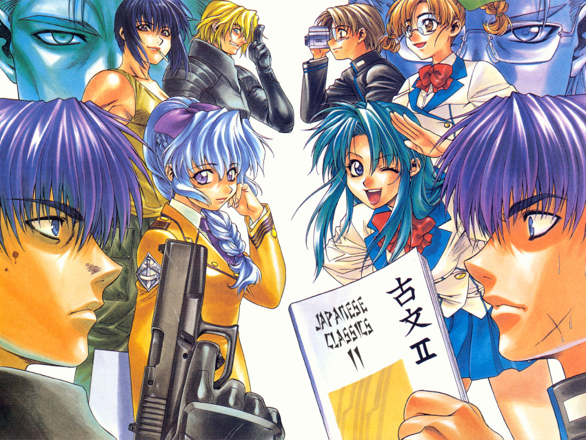 camcorder chidori_kaname full_metal_panic full_metal_panic! glasses glock gun handgun hayashimizu_atsunobu highres kazama_shinji kurz_weber melissa_mao pistol sagara_sousuke school_uniform silver_hair tateo_retsu teletha_testarossa tokiwa_kyouko uniform wallpaper weapon