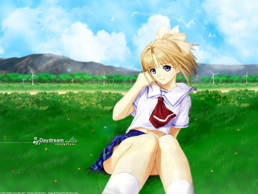 1girl adjusting_hair after arm_support bangs bird blonde_hair blue_eyes bow cloud english flower foreshortening grass hair_bow hair_intakes kneehighs knees_together_feet_apart knees_touching leaning lens_flare looking_at_viewer midriff miniskirt mountain navel neck official_art on_ground outdoors parted_bangs payot photoshop plaid plaid_skirt pleated_skirt ponytail school_uniform serafuku shiomiya_kanami shirt short_hair sitting skirt sky smile socks solo taka_tony tree white_legwear wind windmill