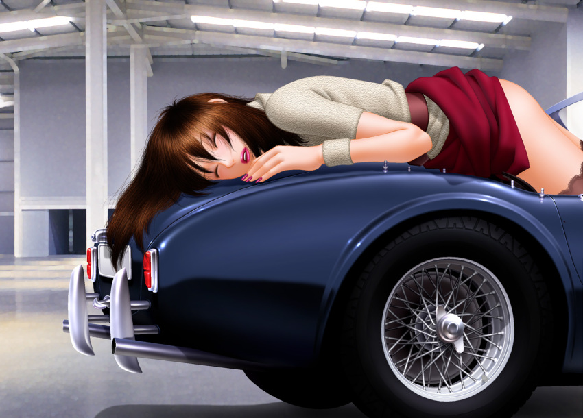 1girl blush breasts brown_hair car closed_eyes highres long_hair lying motor_vehicle on_stomach open_mouth original skirt solo thigh-highs vehicle yui_toshiki