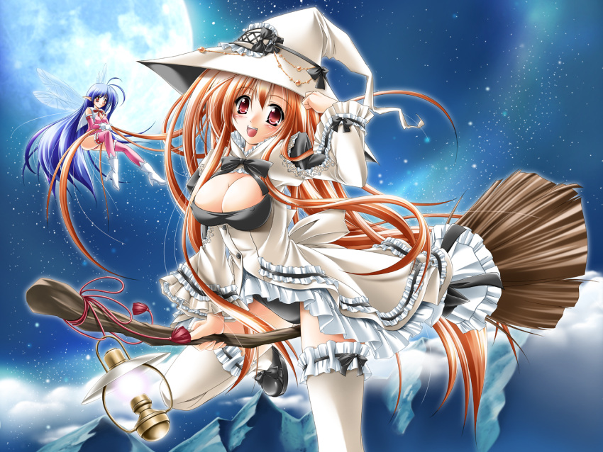 blue_hair boots breasts broom broom_riding cleavage cleavage_cutout fairy garters gloves hat highres kamiya_tomoe lamp large_breasts long_hair minigirl moon multiple_girls original pointy_ears red_eyes skirt thighhighs wings witch witch_hat