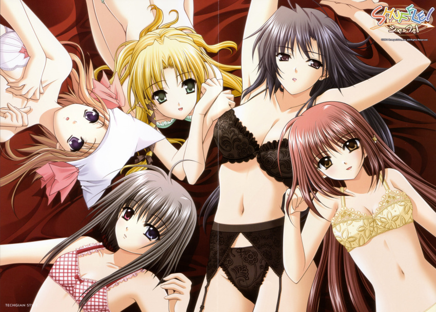 5girls absurdres ahoge auburn_hair benibara_nadeshiko bra brown_eyes brown_hair cleavage garters green_eyes heterochromia highres kareha lingerie lisianthus long_hair lying mayumi_thyme multiple_girls nishimata_aoi official_art pointy_ears poster scan scan_artifacts shigure_ama shuffle shuffle! suzuhira_hiro underwear violet_eyes wallpaper