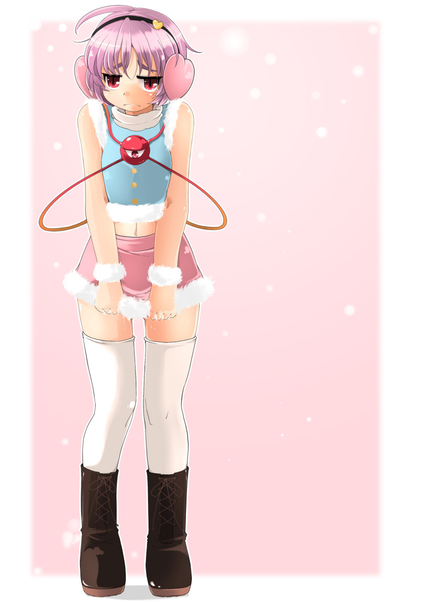 blush boots eyeball hairband hat heart highres komeiji_satori meneru midriff miniskirt purple_hair red_eyes short_hair skirt solo tears thigh-highs thighhighs third_eye touhou white_legwear white_thighhighs