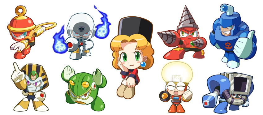 ^_^ arm_cannon blonde_hair blue_eyes blush boots brightman brown_eyes capcom chibi chin_grab clenched_hand closed_eyes diveman drill drillman dual_wielding dustman earrings egyptian everyone fighting_stance fire fist glowing green_eyes grin hand_on_hip hat jewelry kalinka kalinka_cossack kin_niku lightbulb nemes open_mouth orange_eyes pharaohman pointing purple_eyes red_eyes ring ringman robot rockman rockman_(classic) rockman_4 short_hair simple_background sitting skull skull_man skullman smile snake standing thumbs_up toad_(animal) toadman vacuum_cleaner weapon yellow_eyes