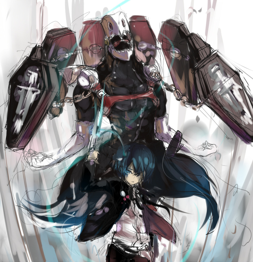 bad_id black_buraku blue_eyes blue_hair chain chains digital_media_player evoker gun hair_over_one_eye headphones ogipote persona persona_3 school_uniform sketch thanatos weapon