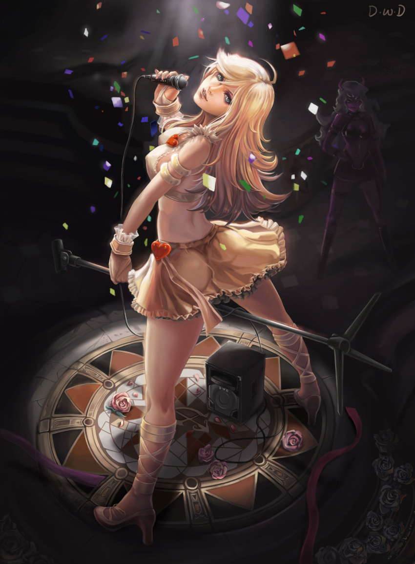 amplifier blonde_hair blue_eyes cross-laced_footwear dantewontdie highres microphone microphone_stand midriff panty_&amp;_stocking_with_garterbelt panty_(character) panty_(psg) scanty scanty_(psg)