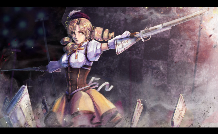 bad_id beret blonde_hair breasts brown_eyes corset detached_sleeves drill_hair dual_wielding erect_nipples fingerless_gloves gloves gun hair_ornament hairpin hat letterboxed libert magical_musket mahou_shoujo_madoka_magica musket outstretched_arms pleated_skirt puffy_sleeves ribbon rifle skirt solo spread_arms thighhighs tomoe_mami twintails vertical-striped_legwear vertical_stripes weapon yellow_eyes zettai_ryouiki