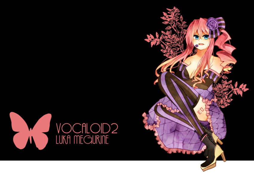 bare_shoulders black blue_eyes butterfly cleavage frills hair_ornament high_heels megurine_luka pink_hair solo tattoo thigh_highs vocaloid