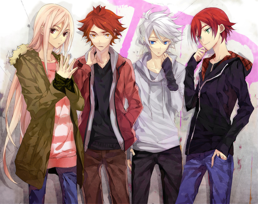 afuro_terumi bad_id blonde_hair blue_eyes casual green_eyes hoodie inazuma_eleven inazuma_eleven_(series) izumi_(nagashi) kiyama_hiroto long_hair male multiple_boys nagumo_haruya red_eyes red_hair redhead short_hair suzuno_fuuske suzuno_fuusuke white_hair yellow_eyes