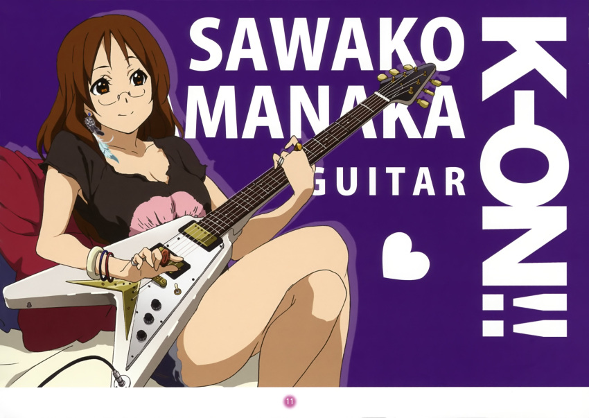 breasts casual character_name cleavage coin crossed_legs feathers flying_v gibson glasses guitar highres instrument k-on! large_breasts legs legs_crossed sitting smile thighs title_drop yamanaka_sawako