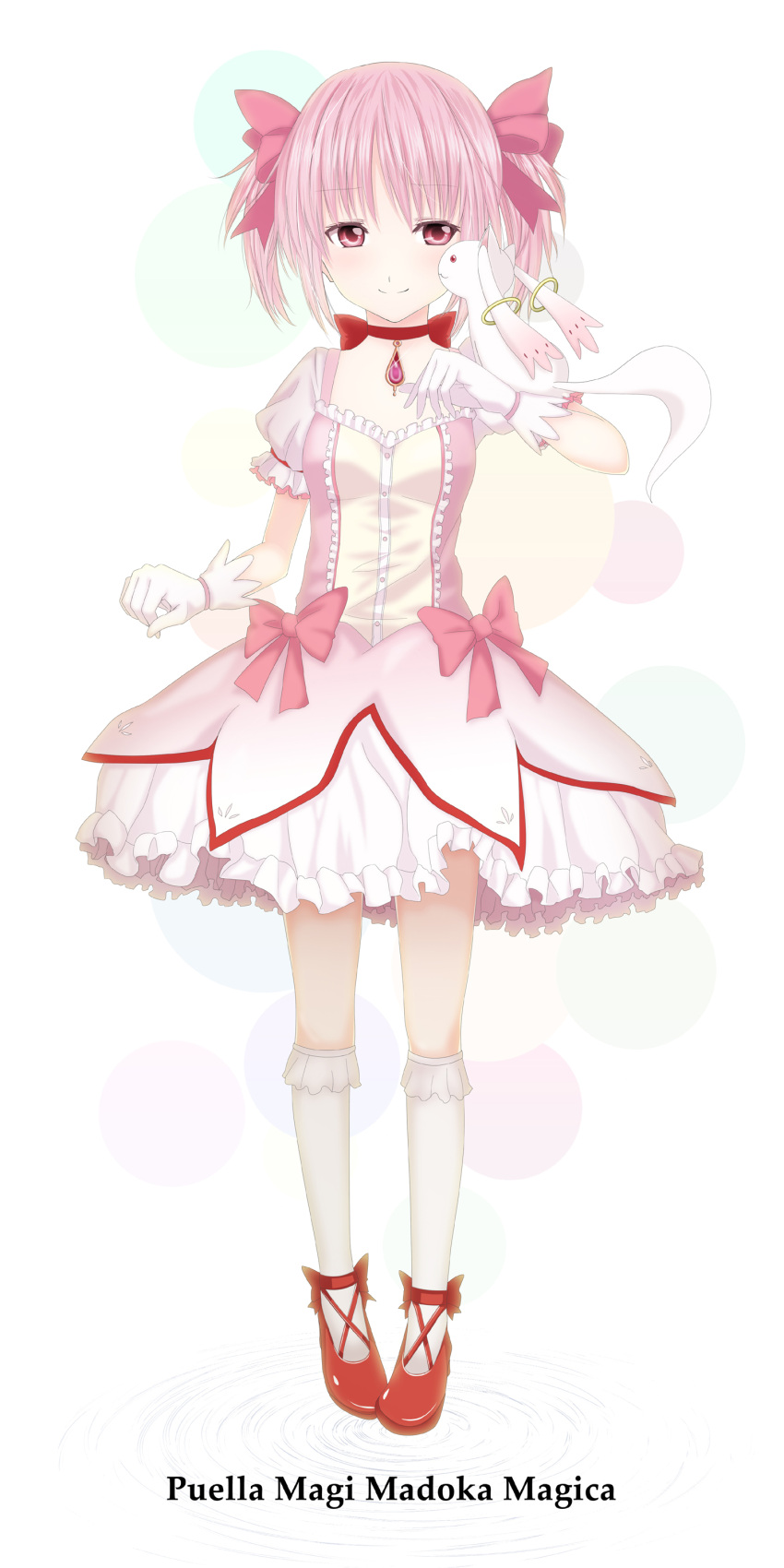 absurdres bow bubble_skirt dress gloves hair_bow highres kaname_madoka kyubey kyuubee long_image magical_girl mahou_shoujo_madoka_magica pink_eyes pink_hair ripples shichouson shoes short_hair short_twintails skirt smile tall_image title_drop twintails white_background