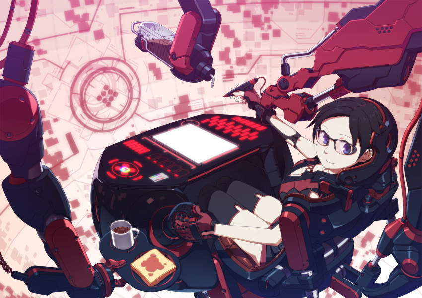 black_legwear black_thighhighs blue_eyes bottle bread breasts cleavage coffee cup fingerless_gloves food glasses gloves glowing highres light_smile looking_back oekaki_musume original purple_eyes robotic_arms science_fiction short_hair sitting solo stylus tablet tatsuwo thigh-highs thighhighs toast tray violet_eyes zettai_ryouiki