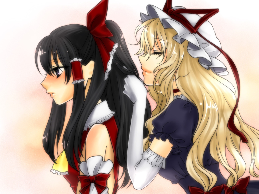 ascot black_hair blonde_hair blush bow closed_eyes detached_sleeves dress elbow_gloves gloves hair_bow hair_tubes hakurei_reimu hat lips long_hair miko multiple_girls payot ponytail shokaki shoukaki_(earthean) smelling touhou yakumo_yukari