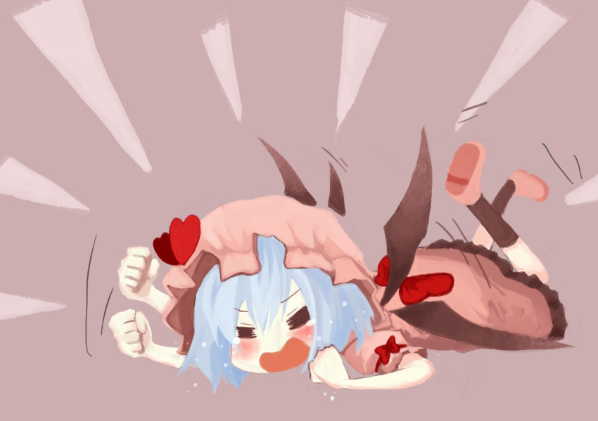 angry bat_wings blue_hair blush hat heart highres mugi_(banban53) open_mouth remilia_scarlet short_hair solo tantrum tears touhou wings