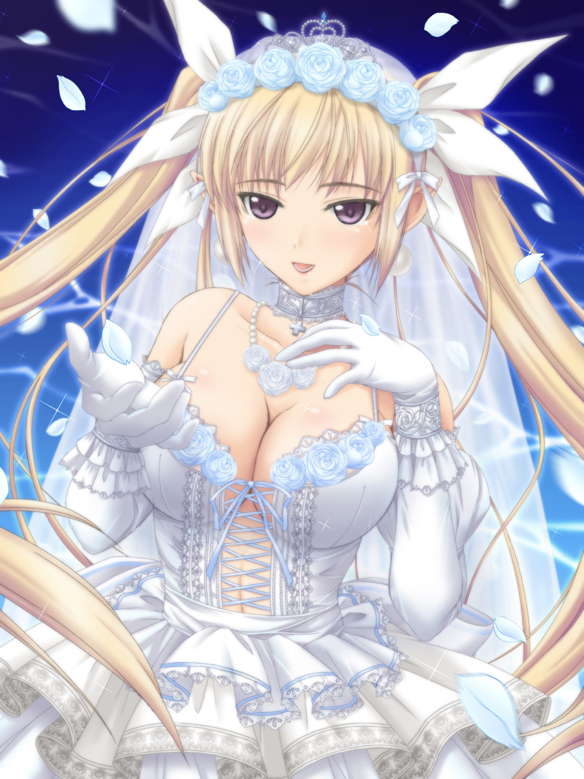 blonde_hair breasts bridal_veil bride choker cleavage dress earrings elbow_gloves flower gloves hair_ribbon highres jewelry large_breasts long_hair mistral_(shining_hearts) necklace open_mouth petals pointy_ears purple_eyes ribbon shining_(series) shining_hearts solo tiara twintails veil very_long_hair violet_eyes wedding_dress wedding_veil yoshimura_kentaro