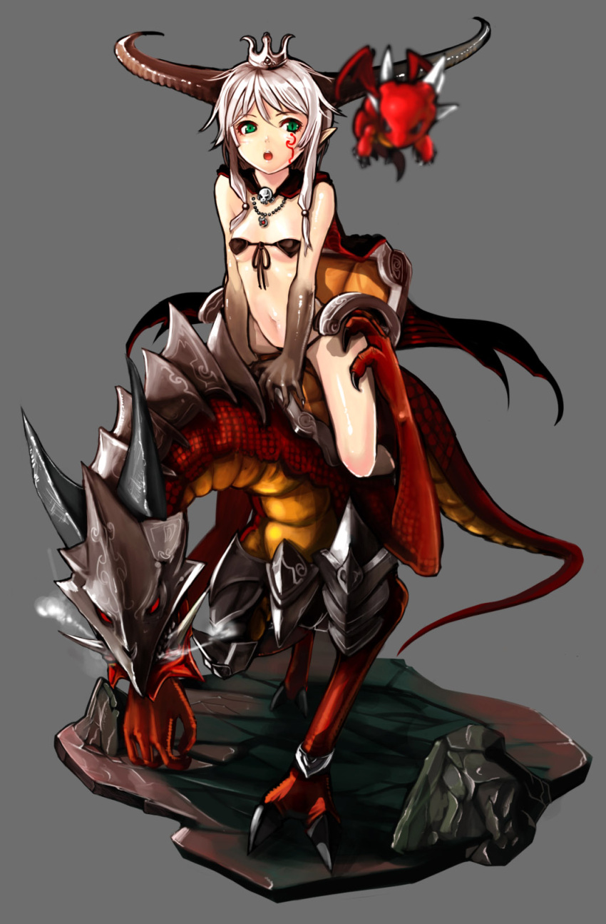 barding bare_legs between_thighs bikini blurry breath cape claws crown depth_of_field dragon front-tie_top green_eyes helmet highres horns jewelry monster_girl navel necklace open_mouth original pointy_ears prototype-d riding saddle silver_hair skull slit_pupils solo swimsuit tail tattoo thighs wings