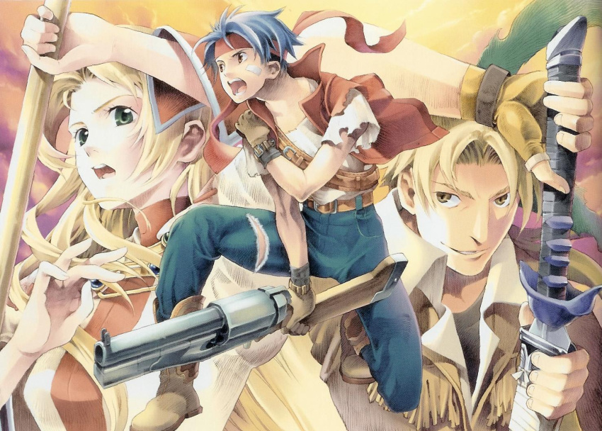 2boys angry bandage bandages belt blonde_hair blue_hair boots brown_eyes cecilia_lynne_adelhyde coat cowboy_boots gloves green_eyes gun headband jack_van_burace jeans jewelry kneeling long_hair multiple_boys official_art ooba_wakako open_mouth rody_roughnight scan scan_artifacts smile sword vest wand weapon wild_arms wild_arms_1 wild_arms_alter_code_f