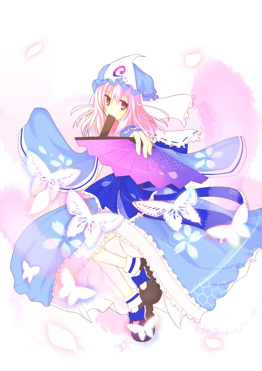 absurdres butterfly fan folding_fan ghost hat highres japanese_clothes long_hair petals pink_hair red_eyes saigyouji_yuyuko solo touhou yu_only_tea_gardens
