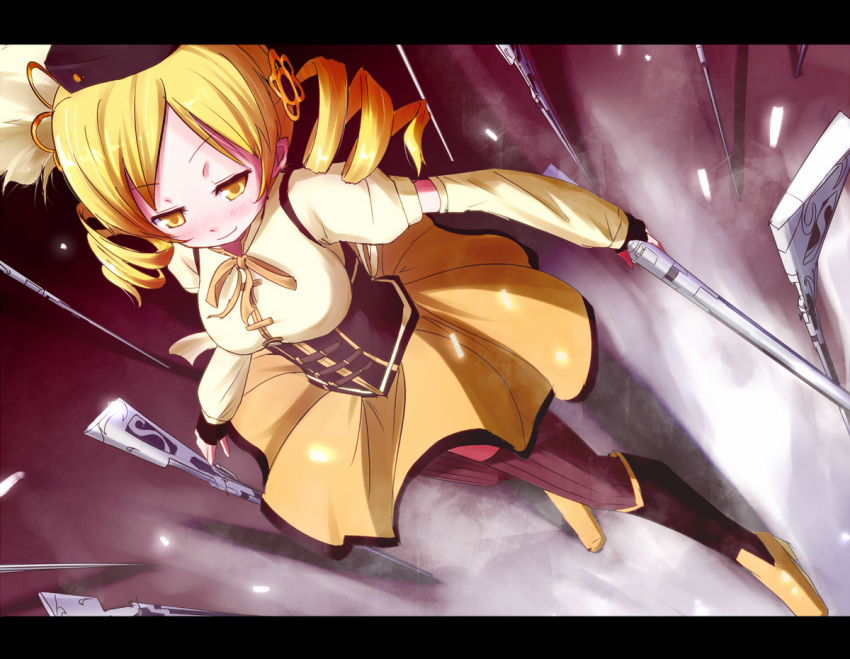 beret blonde_hair blush boots brown_legwear detached_sleeves drill_hair field_of_blades fingerless_gloves foreshortening from_above gloves gun hair_ornament hairpin hat iru_(konoheyaniou) letterboxed long_hair magical_girl magical_musket mahou_shoujo_madoka_magica musket pleated_skirt puffy_sleeves ribbon rifle skirt smile solo thighhighs tomoe_mami twintails vertical-striped_legwear vertical_stripes weapon yellow_eyes zettai_ryouiki