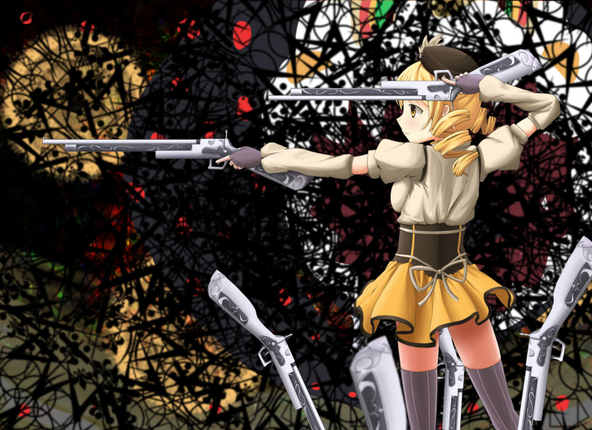 agent_(artist) agent_(ikuoikuo) beret blonde_hair blurry brown_legwear depth_of_field detached_sleeves drill_hair dual_wielding field_of_blades fingerless_gloves gloves gun hair_ornament hairpin hat highres long_hair magical_girl magical_musket mahou_shoujo_madoka_magica musket perspective pleated_skirt profile puffy_sleeves ribbon rifle skirt solo thigh-highs thighhighs tomoe_mami twintails vertical-striped_legwear vertical_stripes weapon witch's_labyrinth yellow_eyes zettai_ryouiki