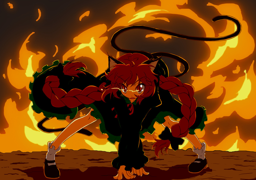 all_fours animal_ears blush bow braid cat_ears cat_tail explosion fang fire glowing hair_bow highres kaenbyou_rin long_hair madare-rin madare_rin multiple_tails open_mouth red_eyes red_hair redhead solo squatting tail touhou twin_braids twintails