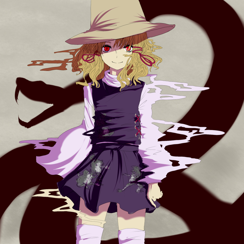 bad_id blonde_hair dissolving distortion hat highres maki_(huran) mishaguji moriya_suwako red_eyes short_hair smile smoke snake solo thighhighs touhou white_legwear zettai_ryouiki