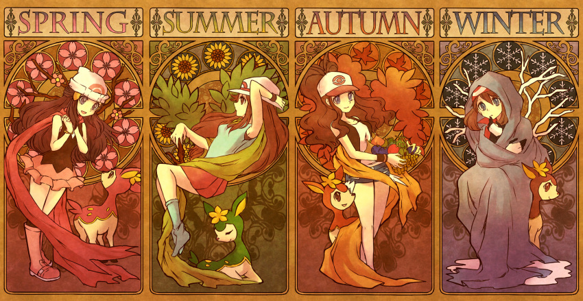 alternate_color annotation_request armpits art_nouveau autumn bandana bandanna bare_shoulders baseball_cap beanie berries blanket blue_(pokemon) blue_eyes boots bracelet branch brown_eyes brown_hair cherry_blossoms deerling fine_art_parody flower food footwear fruit gloves hair_ornament hairclip hands_clasped haruka_(pokemon) hat highres hikari_(pokemon) hondew_berry jewelry kabocha_torute leaf leaf_(pokemon) long_hair multiple_girls oran_berry parody pecha_berry pokemon pokemon_(creature) pokemon_(game) pokemon_black_and_white pokemon_bw pokemon_diamond_and_pearl pokemon_dppt pokemon_firered_and_leafgreen pokemon_frlg pokemon_rgby pokemon_rse pokemon_ruby_and_sapphire ponytail scarf seasons shikijika shorts sitting skirt sleeveless snowflakes socks spring spring_(season) standing summer sunflower touko_(pokemon) vest winter wristband