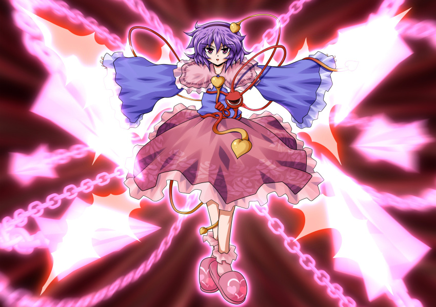 danmaku eyeball fue_(fuef) hairband heart highres komeiji_satori open_mouth outstretched_arms purple_eyes purple_hair short_hair slippers smile solo spread_arms third_eye touhou violet_eyes