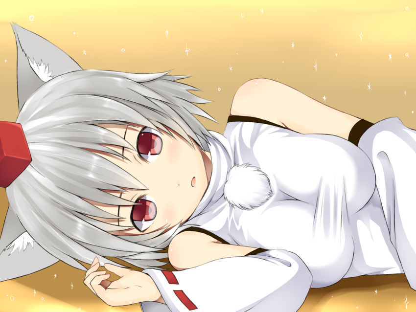 animal_ears bare_shoulders breasts bust detached_sleeves hat highres inubashiri_momiji lying on_side open_mouth red_eyes short_hair silver_hair solo tokin_hat touhou wolf_ears yamamoto_tama