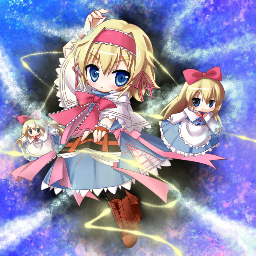 alice_margatroid blonde_hair blue_eyes blush book boots capelet chibi cross-laced_footwear hairband lace-up_boots shanghai shanghai_doll short_hair silver15 smile solo touhou wrist_cuffs