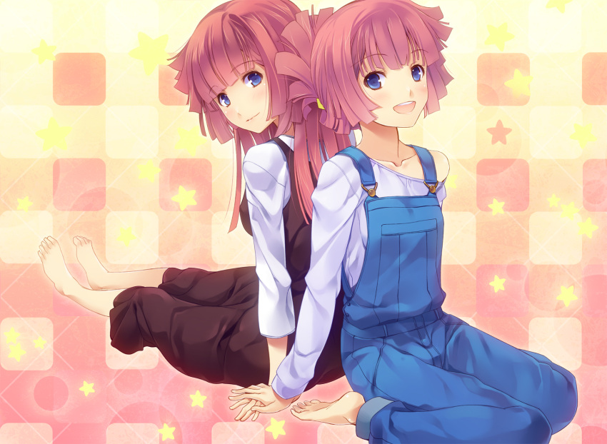 barefoot blue_eyes feet hand_holding hands highres holding_hands matsugawa off_shoulder open_mouth overalls pink_hair sitting star star_driver you_marino you_mizuno