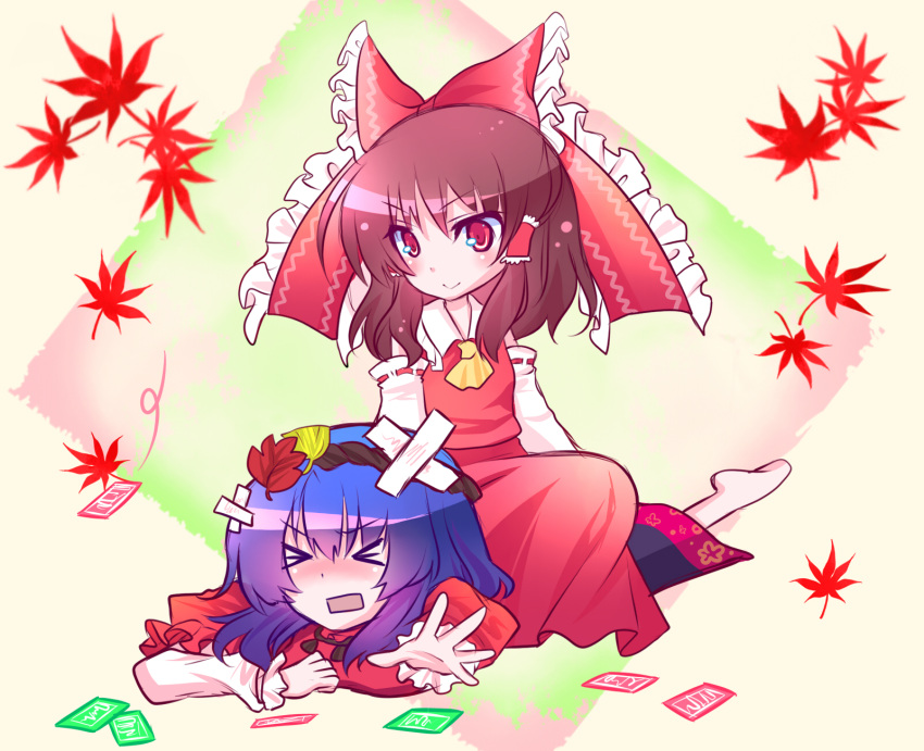 &gt;:) 2girls :&gt; ascot bandage bandages bandaid blue_hair bow brown_hair detached_sleeves hair_bow hakurei_reimu highres multiple_girls open_mouth power-up red_eyes shino_(mijinko) sitting sitting_on_person smile touhou yasaka_kanako