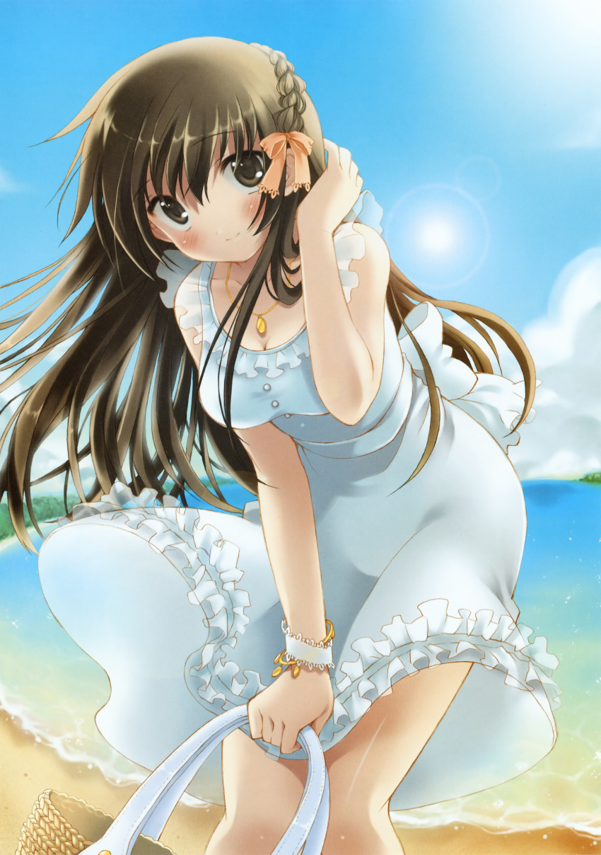 absurdres beach blush bow bracelet braid breasts cleavage dress frills hair_bow hair_ribbon highres jewelry lens_flare long_hair megami megami_creators necklace pan_(mimi) ribbon scan solo sundress white_dress