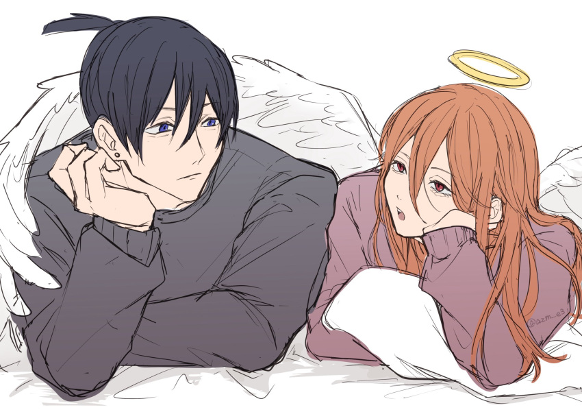 2boys angel angel_devil angel_devil_(chainsaw_man) angel_wings azm_e3 black_hair blue_eyes chainsaw_man closed_mouth commentary_request earrings elbow_rest eye_contact hair_between_eyes halo hand_on_own_face hayakawa_aki hayakawa_aki_(chainsaw_man) highres jewelry long_hair long_sleeves looking_at_another lying male_focus multiple_boys on_stomach open_mouth red_eyes red_hair short_hair topknot twitter_username white_wings wings