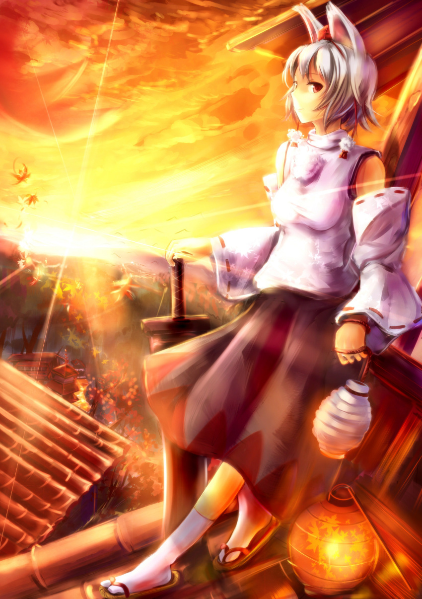 absurdres autumn highres inubashiri_momiji lantern rooftop sakura_ani sandals solo sunset sword syanayuuji tail touhou weapon wolf_tail