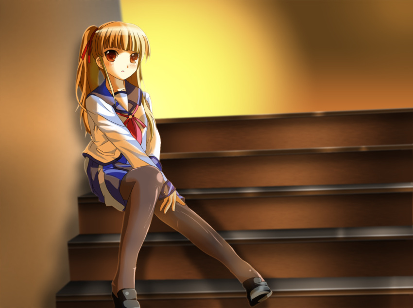 angel_beats! bad_id black_legwear blonde_hair blush brown_eyes hair_ribbon long_hair open_mouth orange_eyes orange_hair pantyhose ponytail rikku04 school_uniform serafuku sitting solo twintails yusa yusa_(angel_beats!)