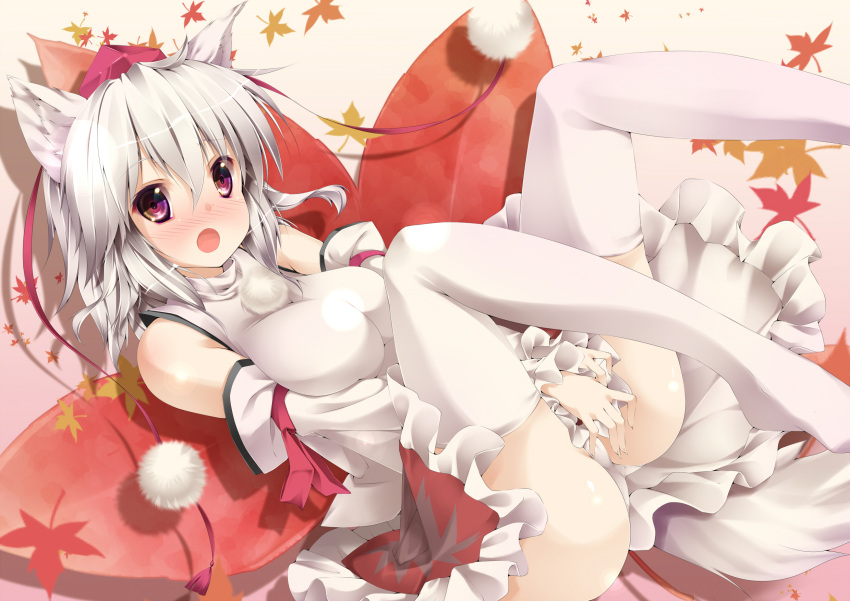 animal_ears blush covering covering_crotch detached_sleeves hat highres inubashiri_momiji multicolored_eyes nironiro open_mouth panties red_eyes short_hair silver_hair skirt skirt_tug solo tail thigh-highs thighhighs tokin_hat touhou underwear white_legwear white_panties white_thighhighs wolf_ears wolf_tail