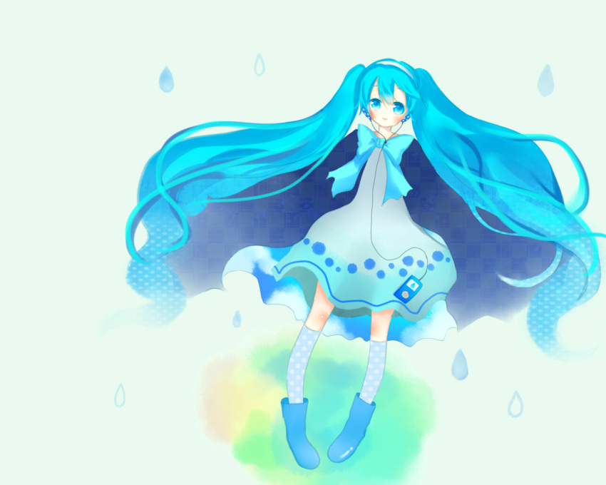 aqua_hair blue_eyes blush boots bow hatsune_miku headphones ipod knee_socks rain smile twintails very_long_hair vocaloid