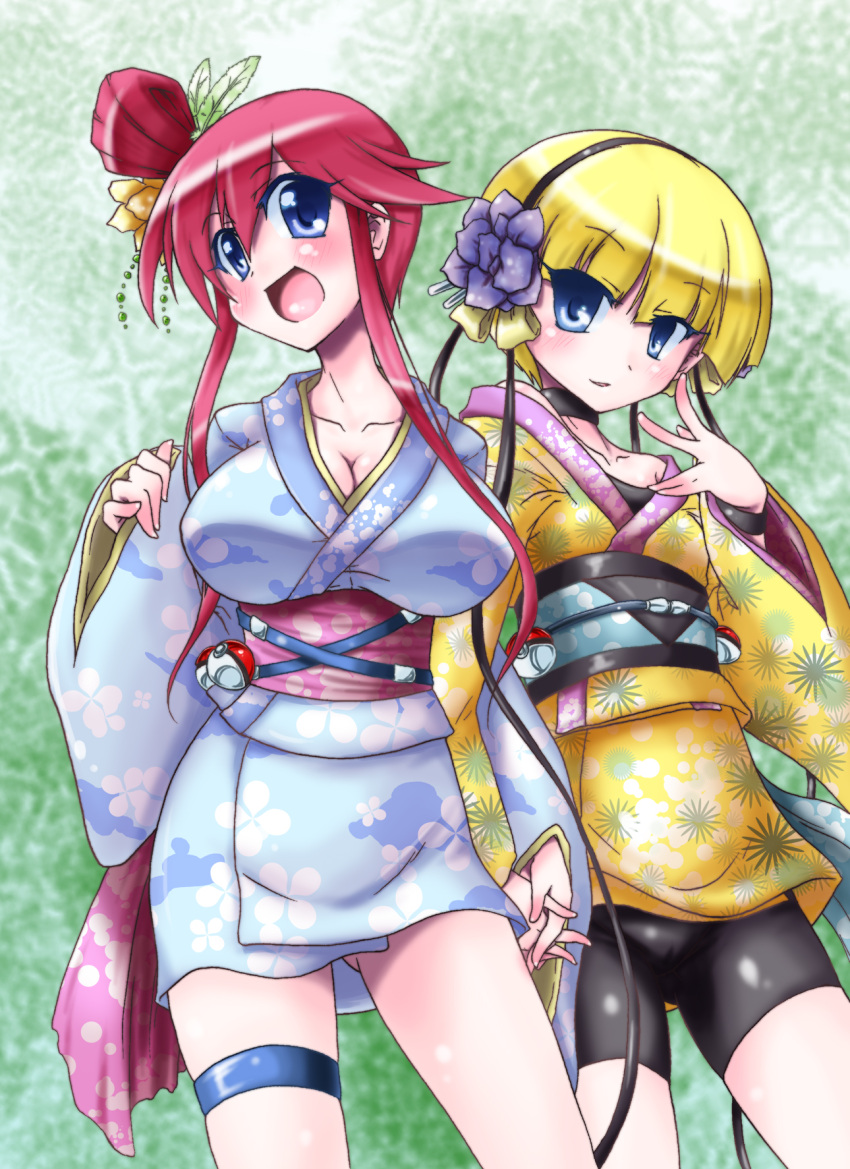 alternate_costume blonde_hair blue_eyes blush breasts cable cleavage flat_chest flower fuuro_(pokemon) gym_leader hair_flower hair_ornament hand_holding headphones highres holding_hands japanese_clothes kamitsure_(pokemon) kimono large_breasts multiple_girls open_mouth poke_ball pokemon pokemon_(game) pokemon_black_and_white pokemon_bw ponytail red_hair shirogane_(cufsser) short_hair shorts side_ponytail simple_background smile thigh_strap waist_poke_ball wire