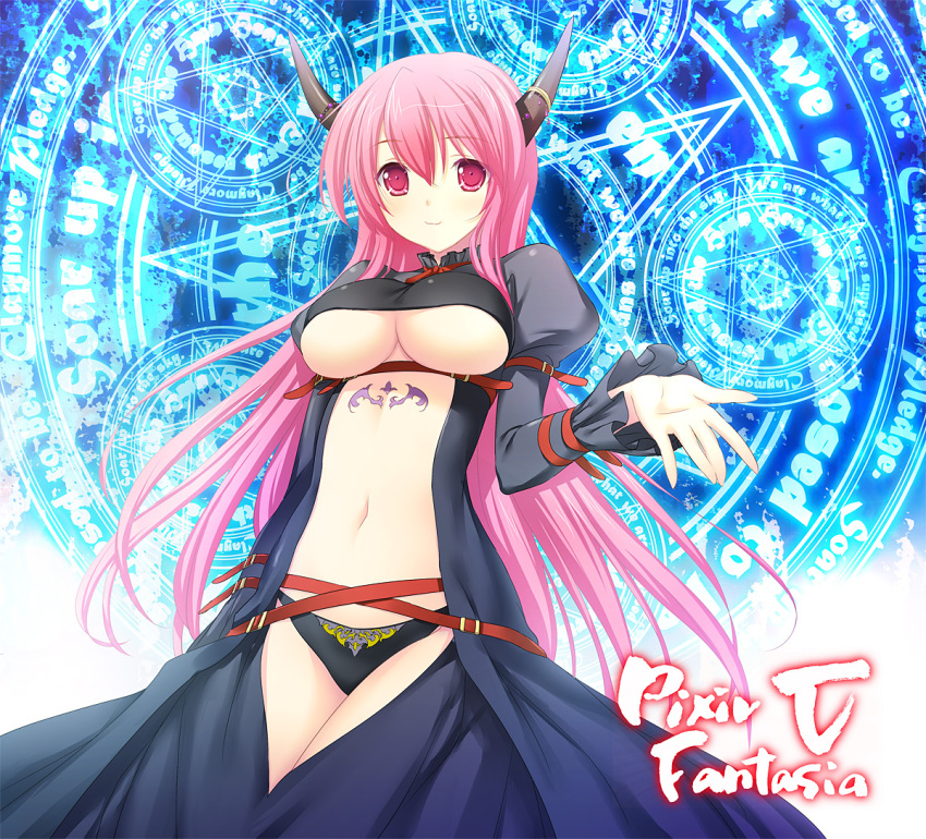 belt breasts demon_girl horn horns large_breasts light_smile long_hair magic_circle midriff multiple_belts navel open_clothes open_shirt original outstretched_hand panties pink_eyes pink_hair pixiv_fantasia pixiv_fantasia_5 shirt solo tattoo under_boob underboob underwear very_long_hair
