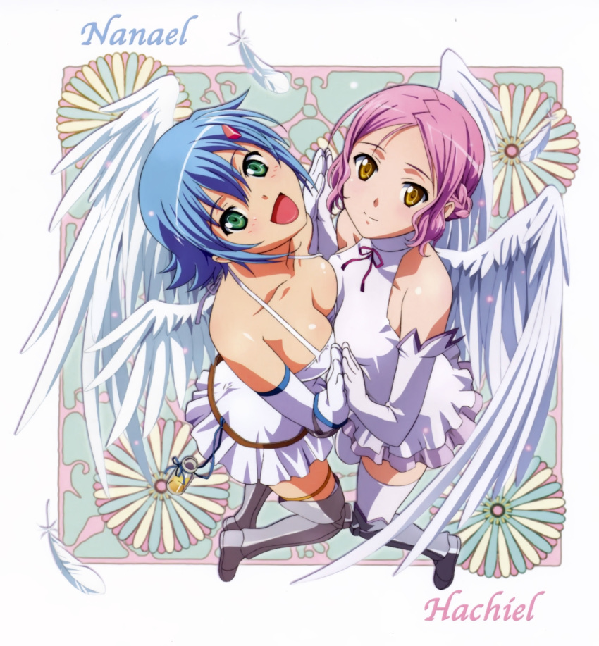 :d absurdres angel angel_wings asymmetrical_docking asymmetrical_wings blue_hair blush boots bottle breast_press breasts brown_eyes cleavage elbow_gloves feathers flat_chest gloves green_eyes hachiel hands_together highres looking_at_viewer looking_up multiple_girls nanael open_mouth pink_hair queen's_blade queen's_blade rin-sin scan short_hair skirt smile symmetrical_docking thigh-highs thighhighs wings yuri