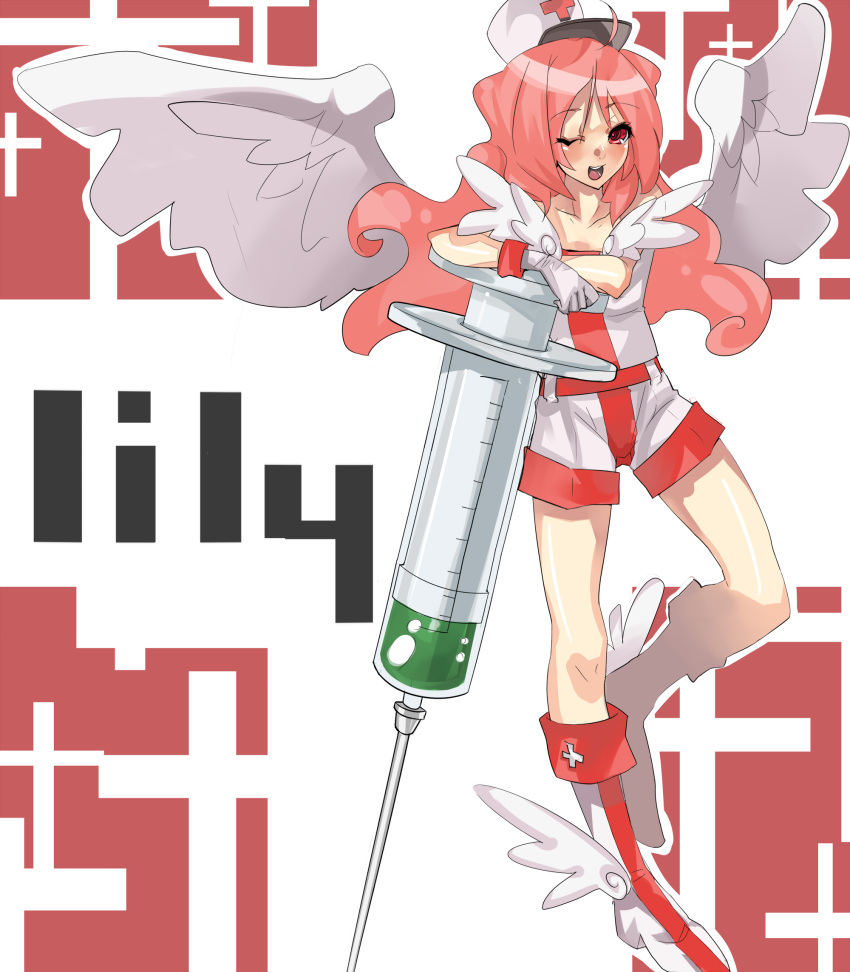 bad_id bare_shoulders boots duel_monster gloves hat highres injection_fairy_lily large_syringe long_hair matcha_sou nurse nurse_cap open_mouth oversized_object pink_hair red_eyes smile syringe wings wink yu-gi-oh! yuu-gi-ou yuu-gi-ou_duel_monsters