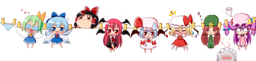 &gt;:) &gt;:3 &gt;:d &gt;_&lt; :&lt; :d =_= anger_vein ascot bangs barefoot bat_wings black_hair blood blue_dress blue_eyes blue_hair blunt_bangs bow bra bra_on_head braid brooch brown_eyes chibi china_dress chinese_clothes cirno clothesline crescent cup d: daiyousei dress dress_shirt embarrassed fairy_wings fang flandre_scarlet giving_up_the_ghost green_hair hair_bow hair_tubes hakurei_reimu hat hat_bow heart heart_in_mouth highres hime_cut hong_meiling izayoi_sakuya jewelry koakuma large_bow linda_b lingerie long_image maid_headdress nose_bubble nosebleed o_o object_on_head open_mouth panties patchouli_knowledge pointer purple_dress red_eyes red_hair remilia_scarlet shaded_face shirt short_sleeves side_ponytail skirt skirt_set sleeping smile star striped striped_bra striped_dress striped_panties sweatdrop teacup the_embodiment_of_scarlet_devil touhou twin_braids underwear waving wavy_mouth white_shirt wide_image wings yukkuri_shiteitte_ne z