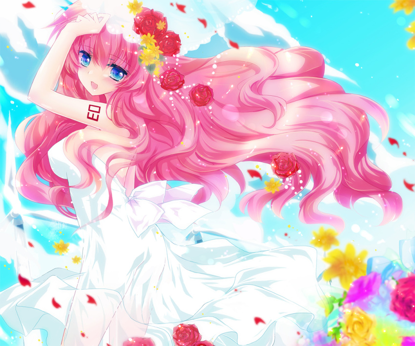 blue_eyes cloud clouds dress flower hair_flower hair_ornament ichiyou_moka long_hair megurine_luka open_mouth pink_hair red_rose rose sky smile solo very_long_hair vocaloid white_dress wind_turbine windmill yellow_rose