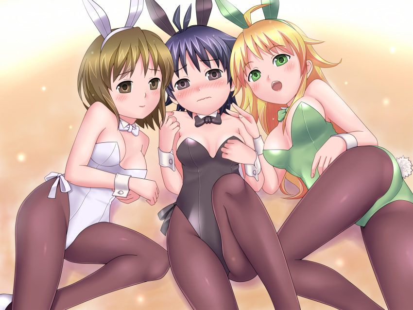 animal_ears ass black_hair blonde_hair blush bowtie brown_eyes brown_hair bunny_ears bunnysuit green_eyes hagiwara_yukiho highres hoshii_miki idolmaster kikuchi_makoto lying multiple_girls on_side open_mouth pantyhose rumil short_hair tail take_your_pick thighs